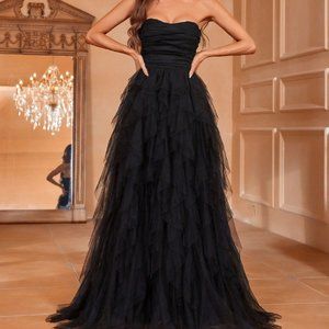 Black Preppy Womens Solid Ruched Tube Wedding Dress
